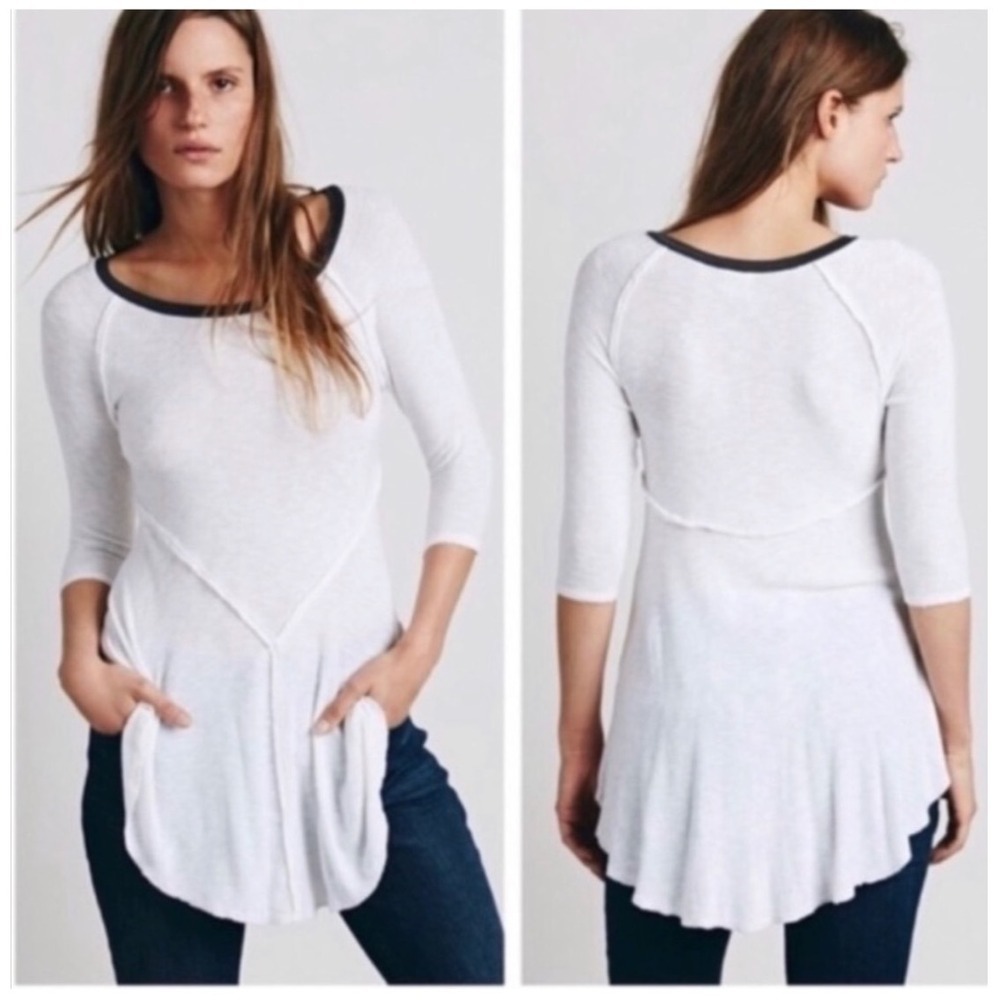 Free People Intimately White Tunic Top Scoop Neck 3/4 Sleeve Large‎